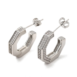 Platinum Brass Micro Pave Clear Cubic Zirconia Stud Earrings for Women, Letter C, Platinum, 18.5x3.5mm
