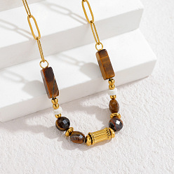 Золотой Натуральный кубовидный бисер из тигрового глаза 304 цепочка из нержавеющей стали в виде скрепки для женщин, золотые, 17.52 дюйм (44.5 см)