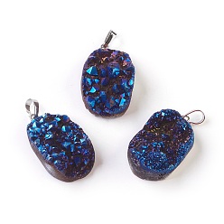 со Синим Покрытием Гальванизированные кристаллы подвески из натурального кристалла, с латунной фурнитурой , овальные, платина, с покрытием синим, 33~37x20~23x11~15 мм, отверстие : 8x5 мм