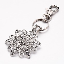 Mixed Color Tibetan Style Pendant Keychain, with Iron Key Clasp Findings and Alloy Swivel Clasps, Flower, Mixed Color, 120mm