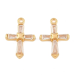 Clear 304 Stainless Steel & Glass Pendants, Cross Charm, Faceted, Real 18K Gold Plated, Ion Plating(IP), Long-Lasting Plated, Clear, 24x17x3.5mm, Hole: 2mm
