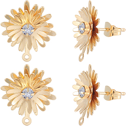 Настоящее золото 18K 14шт. латунные серьги-гвоздики со стеклянной фурнитурой, подсолнечник, с горизонтальной петлей, реальный 18 k позолоченный, 18.5x16 мм, отверстие : 1 мм, штифты : 0.8 мм