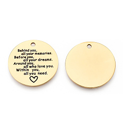 Золотой 201 подвески из нержавеющей стали, плоские круглые со словом, золотые, 30x1.5 мм, отверстие : 2 мм