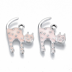 Pink Экологически чистые подвески из цинкового сплава, с эмалью, без кадмия, без никеля и без свинца, форма кошки, платина, розовые, 22~23x14~15x2~3 мм, отверстие : 1.8 мм