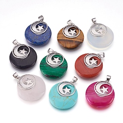 Смешанные камни Природные и синтетические Gemstone подвески, с латунной фурнитурой платинового цвета, плоские круглые с Луны и звезды, 32x28x7 мм, отверстие : 4x5 мм