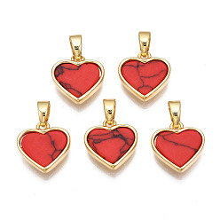 Türkis Echte 18 k vergoldete Messinganhänger, mit Kunst Türkiscabochons, Cadmiumfrei und Nickel frei und Bleifrei, Herz, Türkis, 12x11.5x3 mm, Bohrung: 2.5x5 mm