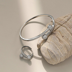 Платина Плоские круглые латунные браслеты-манжеты и кольца с микропаве из прозрачных кубических цирконий, платина, 18 мм и 60 мм