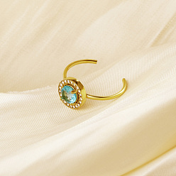 Синий Регулируемые открытые манжеты из нержавеющей стали с микропаве из кубического циркония для женщин, круглые, реальный 18 k позолоченный, синие, круглый : 10.46 мм