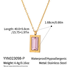 Pink 304 Женские прямоугольные кулоны из нержавеющей стали с кубическими циркониями в форме паве, реальный 18 k позолоченный, розовые, 15.75 дюйм (40 см)
