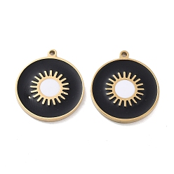 Black Ion Plating(IP) 304 Stainless Steel Pendants, with Enamel, Flat Round Charm, Golden, Black, 17x15x1.5mm, Hole: 1mm