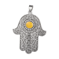 Jaune Émail en alliage gros pendentifs, hamsa main / main de fatima / main de miriam, argent antique, jaune, 50x38x3mm, Trou: 5x6mm