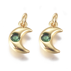 Зеленый Латунные микро проложить кубического циркония прелести, с целью перехода в кольце, долговечный, луна, золотые, зелёные, 10x6.5x2 мм, отверстие : 3 мм