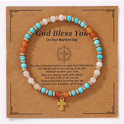 Смешанные камни Винтажные латунные браслеты с крестиками-подвесками, браслеты из натуральных смешанных драгоценных камней с круглыми бусинами для женщин и мужчин, с открытки, 6.89 дюйм (17.5 см)