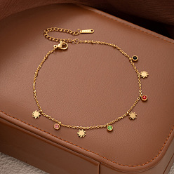 Солнце 304 Браслеты на лодыжку из нержавеющей стали с разноцветными фианитами для женщин, золотые, солнце, 8-1/4 дюйм (210 мм)