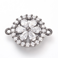 Черный Цвет Металла Долговечные латунные микропроволочные кубические циркониевые соединения, плоские круглые с цветком, металлический черный , 21x15.5x3.5 мм, отверстие : 1.5 мм