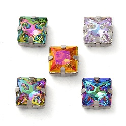 Платина Шить на горный хрусталь, многожильные звенья из стекла, хрусталя и стразов, с настройками латуни, аксессуары для одежды, граненые, квадратный, разноцветные, платина, 13x13x7.5 мм, отверстие : 1.2 мм