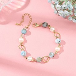 Larimar Natural Larimar & Cultured Freshwater Pearl Brass Link Bracelets for Women, 7.48 inch(19cm)