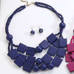 Темно-Синий Комплекты из многослойных ожерелий и серег-подвесок из квадратных и круглых бусин из дерева в богемном стиле, золотые, темно-синий, 620 мм