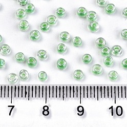 Lime Green 8/0 Glass Seed Beads, Transparent Inside Colours Luster, Round Hole, Round, Lime Green, 8/0, 3~4x2~3mm, Hole: 0.8mm, about 15000pcs/bag