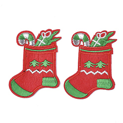 Red Computerized Embroidery Cloth Iron On Patches, Costume Accessories, Appliques, Christmas Stocking, Red, 79x58x1.5mm