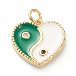 Темно-Зеленый Латунные микро проложить кубического циркония подвески, с эмалью, долговечный, реальный 18 k позолоченный, сердце с Инь Ян, темно-зеленый, 15x15x2.5 мм, отверстие : 3 мм
