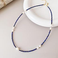Синий Элегантные ожерелья из натурального пресноводного жемчуга, риса и натурального лазурита с ограненными круглыми бусинами для женщин, золотые, синие, 15.75 дюйм (40 см)