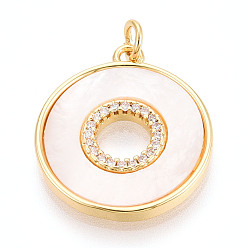 Настоящее золото 18K Латунные микропаве прозрачные подвески с фианитом, с оболочкой, плоско-круглые, без кадмия и без свинца, с целью перехода в кольце, реальный 18 k позолоченный, 22.5x20x2.5 мм, отверстие : 3 мм
