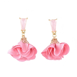 Hot Pink Alloy Dangle Ear Studs, with Handmade Cloth Pendant, Plastic Ear Nuts, Flower, Hot Pink, 43mm, Pin: 0.7mm