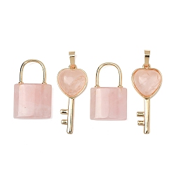Rose Quartz Natural Rose Quartz Beaded Pendants, Lock and Key Charms, with Golden Brass Findings, 31.5~32.5x20~20.5x7.5mm, Hole: 11x12mm