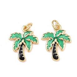 Зеленый Латунь эмаль подвески, с целью перехода в кольце, очарование кокосового дерева, без свинца и без кадмия, долговечный, реальный 18 k позолоченный, стойки покрытие, зелёные, 18x14.5x2 мм, отверстие : 3.4 мм