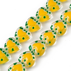 Золотистый Прозрачные стеклянные бусины, бусины ручной работы, с эмалью, сердце, золотые, 12x12.5x7 мм, отверстие : 1 мм, около 30 шт / нитка, 13.39 дюйм (34 см)