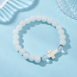 Белый Круглые эластичные браслеты из искусственного нефрита, окрашенные распылением, крестик, с синтетической бирюзой и бусинами из сплава, белые, бусины : 8 мм, внутренний диаметр: 1-7/8~2-1/8 дюйм (4.9~5 см)