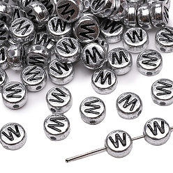 Letter W 50шт. посеребренные акриловые бусины, алфавита бисера, плоские круглые с буквы, Буква W, 7x4 мм, отверстие : 1 мм