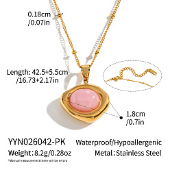 Oval Dyed Natural Pink Quartz 304 Stainless Steel Geometric Pendant Necklaces for Women, Real 18K Gold Plated, Oval, 16.73 inch(42.5cm)
