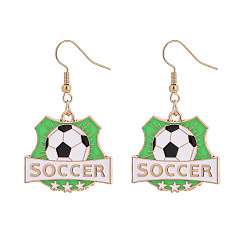 Lime Green Alloy Enamel Soccer Dangle Earrings for Women, with Iron Findings, Golden, Lime Green, 45mm