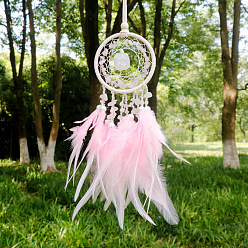 Перо Паутина/сетка из натурального розового кварца с подвесками из перьев, с деревянных бусин, покрыт хлопковым кружевом и шнуром из ворсинок, 400x70 мм