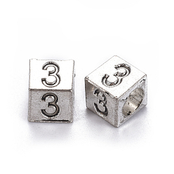 Number Сплавочные европейские бусины, бусины с большим отверстием, куб с номером, античное серебро, кол. 3, 7x7x7 мм, отверстие : 5 мм