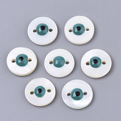 Dark Cyan Freshwater Shell Links Connectors, with Enamel, Flat Round with Evil Eye, Dark Cyan, 10x3mm, Hole: 1mm