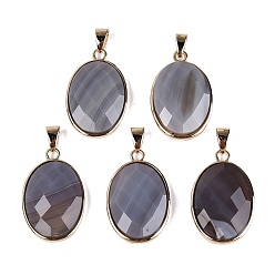 Grey Agate Natural Grey Agate Pendants, Brass Oval Bezeled Charms, with Iron Snap On Bails, Faceted, Golden, 31.5x20x8~9mm, Hole: 6.5~7.5x3.5~4.5mm