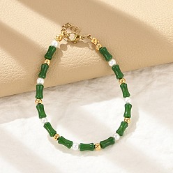 Темно-Зеленый 304 браслеты из нержавеющей стали с бусинами для женщин, колонка, с бусинами из стекла, стали и пластика, имитирующими жемчуг, темно-зеленый, 7-3/8 дюйм (18.7 см)