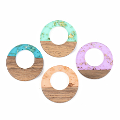 Mixed Color Transparent Resin & Walnut Wood Pendants, with Gold Foil, Flat Round, Mixed Color, 28x3mm, Hole: 2mm