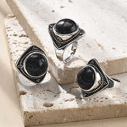 Синий Драгоценный Камень Регулируемые кольца из синтетического синего золота с золотым камнем, старинные латунные кольца серебряного тона, ромб, 22 мм, внутренний диаметр: 18 мм