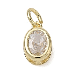Clear Brass Pave Cubic Zirconia Charms, Oval Charms, Single Stone Charms, Long-Lasting Plated, Rack Plating, Lead Free & Cadmium Free, Real 18K Gold Plated, Clear, 12x8x6mm, Hole: 4mm