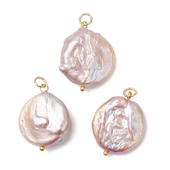 Золотой Натуральный жемчуг барокко подвески с жемчугом кеши, плоские круглые подвески с латунными петлями и 304 открытыми соединительными кольцами из нержавеющей стали, чертополох, золотые, 23~24x18.5~19.5x6~7 мм, отверстие : 3 мм