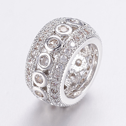 Платинированный Латунные микро проложить кубического циркония бусы, долговечный, бусины с большим отверстием, рондель, прозрачные, Реальная платина, 11x6 мм, отверстие : 7.5 мм