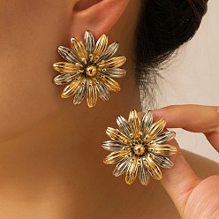 Golden & Stainless Steel Color Alloy Stud Earrings for Women, Flower, Golden & Stainless Steel Color, 40x39mm