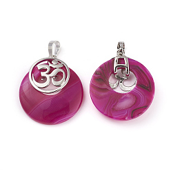 Полосатый Агат Натуральные полосатые агатовые / полосатые агатовые подвески, с латунной фурнитурой платинового цвета, плоский круглый с символом ом, окрашенная и подогревом, 32~32.5x28x7~7.5 мм, отверстие : 5x8 мм