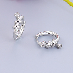 Платина Латунные серьги-кольца из прозрачного кубического циркония, твист, платина, 20x4 мм