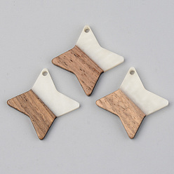 Floral White Opaque Resin & Walnut Wood Pendants, Star, Floral White, 29.5x29.5x3mm, Hole: 2mm
