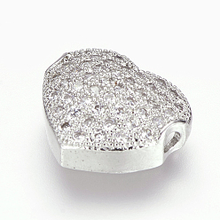 Platinum Brass Micro Pave Cubic Zirconia Beads, Heart, Platinum, 10x12x4mm, Hole: 1.5mm